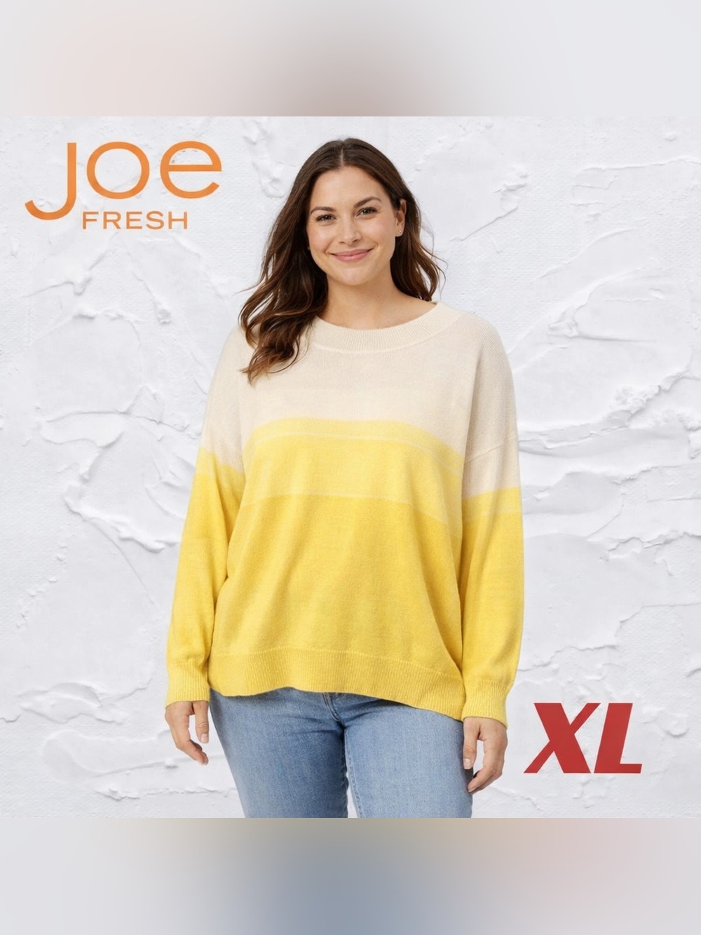 🇨🇦👍VGUC JOE FRESH | XL | White/Yellow colorblock Crew Neck soft knit sweater